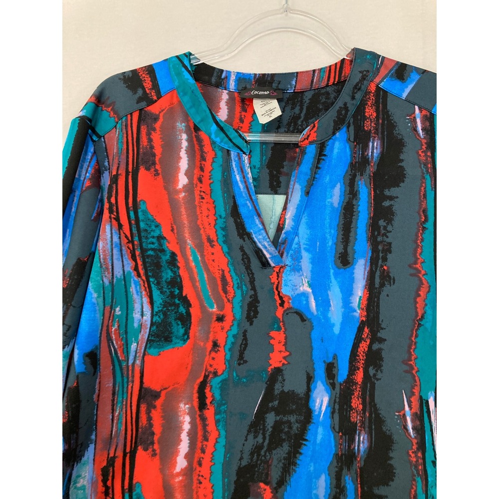 Cocomo‎ Blouse XL Blue Red Abstract Roll Tab Sleeve Stretch Popover Preppy - Picture 3 of 8